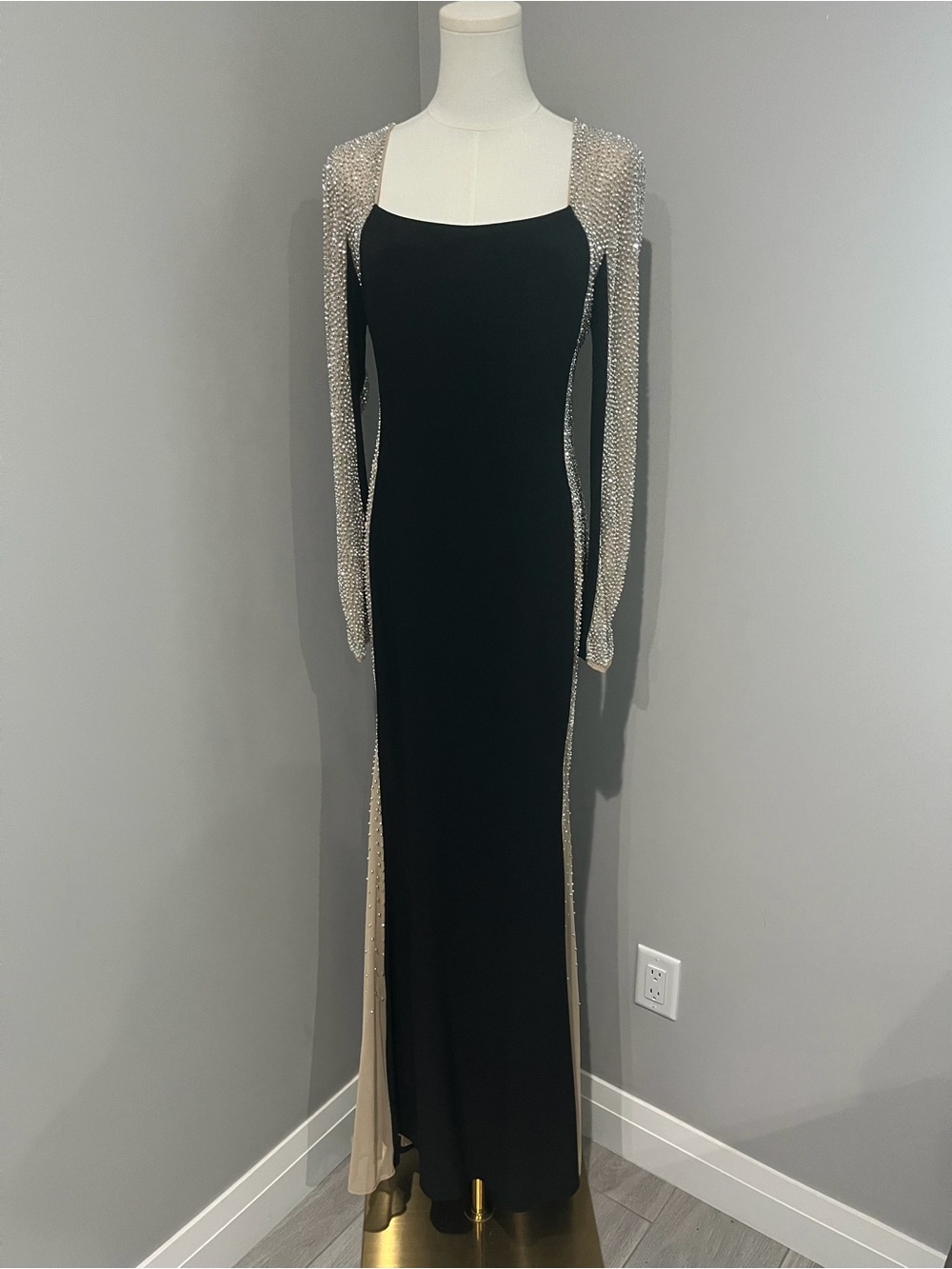 Xscape Black Evening Gown with Silver Crystal Sleeves